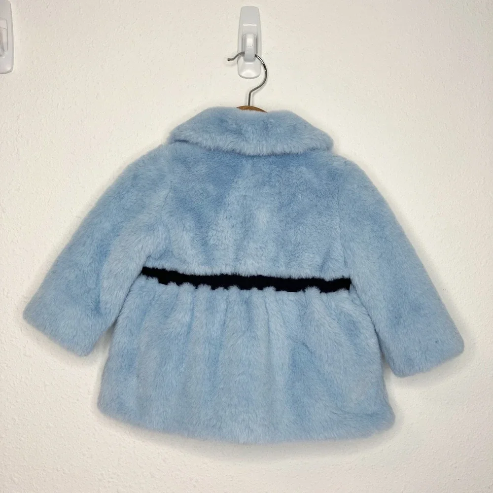 Janie and Jack Faux Fur Coat Ice Blue w/ Navy Bow Dressy Outerwear 12-18‎ months
